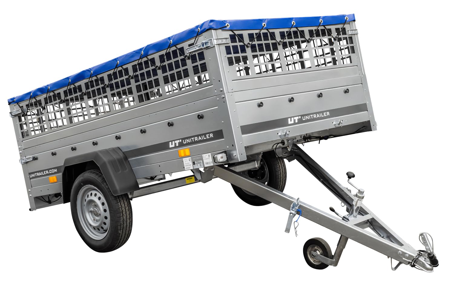 UNITRAILER Pkw Transport Anhänger 230x125 Garden Trailer 230 Kipp mit Laubgitteraufsatz, Blauer Flachplane, Planenträgern und Stützrad