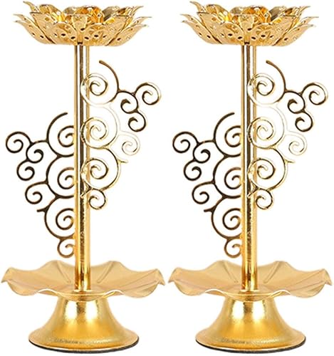 Garneck 2 portavelas Diwali, portavelas budista Ghee, candelabro de aleación con base de loto, lámpara de flor de loto para oraciónmeditación (M)