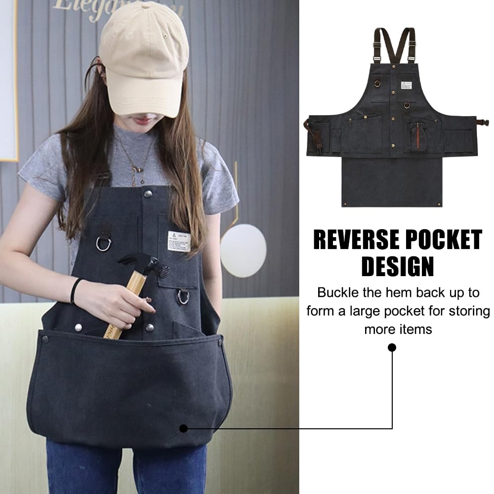 MiOYOOW Tablier d'Atelier de Menuiserie, Tablier de Soudeur en Toile Réglable, Blouse à Dos Croisé avec Plusieurs Poches pour Travail Cuisine Jardinage Maison