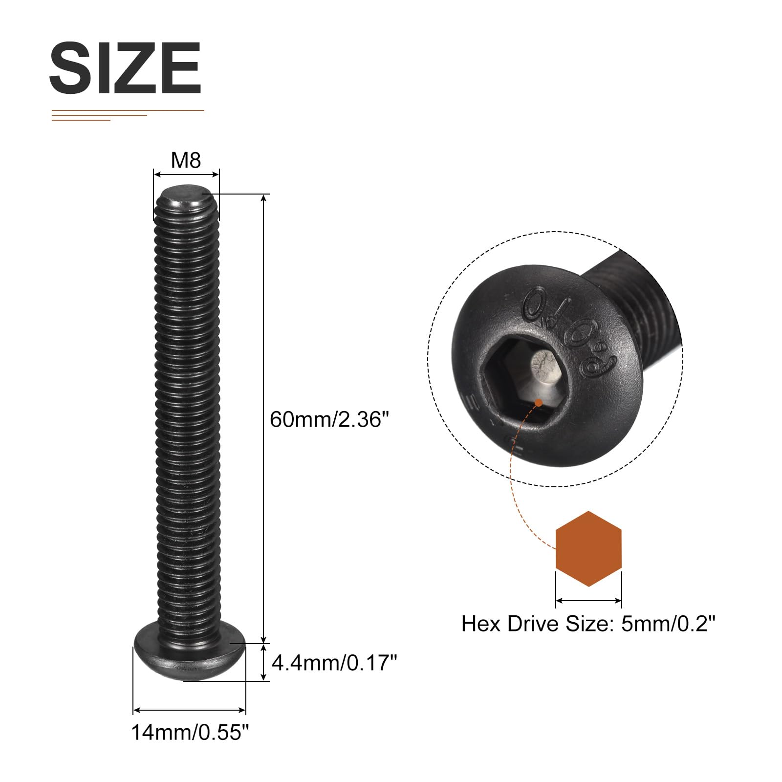 DTGN M8-1.25x60mm Button Head Socket Cap Screws, 10Pack, Good for Machine, Carbon Steel Black Oxide - Image 2