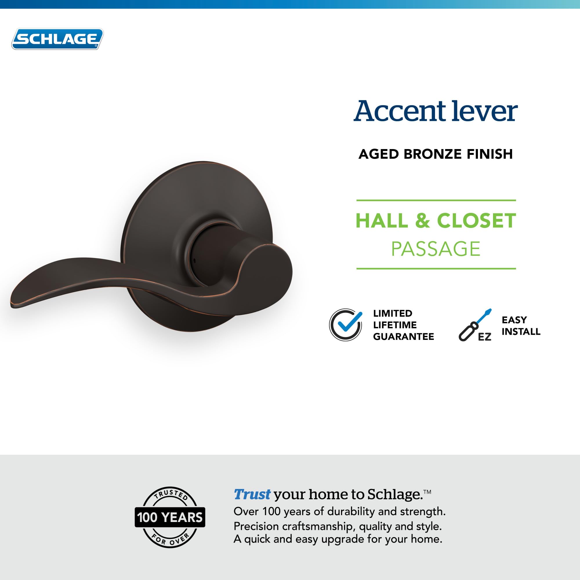 SCHLAGE F10ACC716 Accent Hall and Closet Lever, Aged Bronze, Passage - Image 4