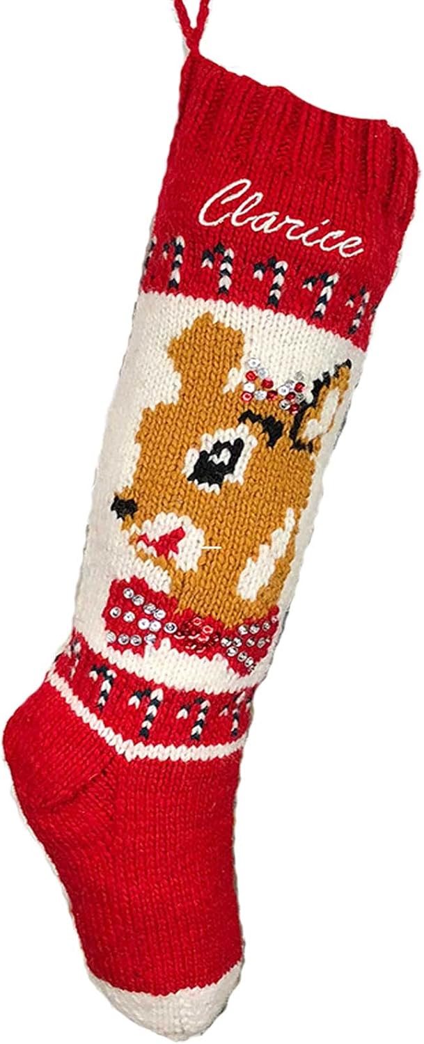 Christmas Stocking Personalized Hand Knit Vintage Girls Reindeer Clarice Stocking