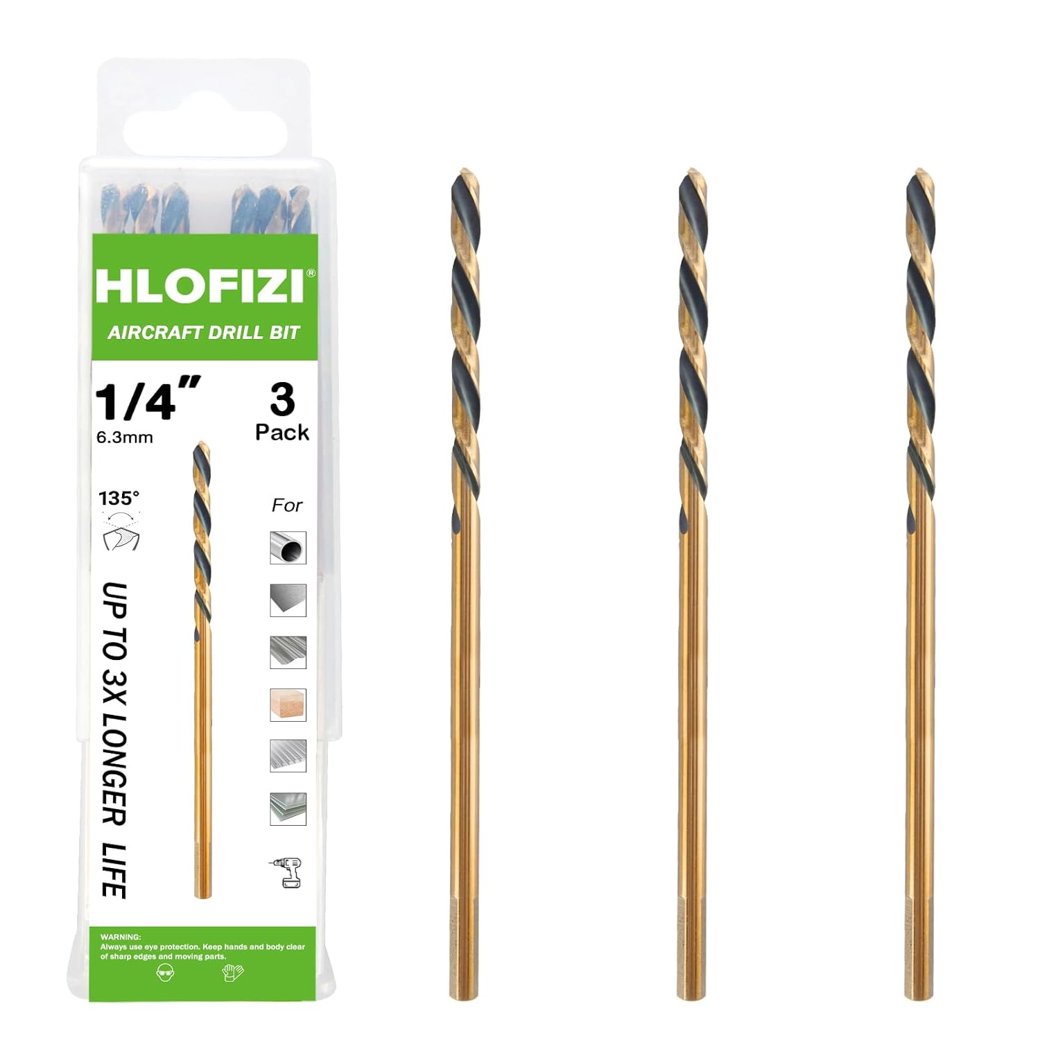 1/4 x 8 Inch Extra Long Drill Bits (3 Pack), Aircraft Drill Bit Black and Gold M2 HSS for Wood, Plastic, Thin Metal Sheet