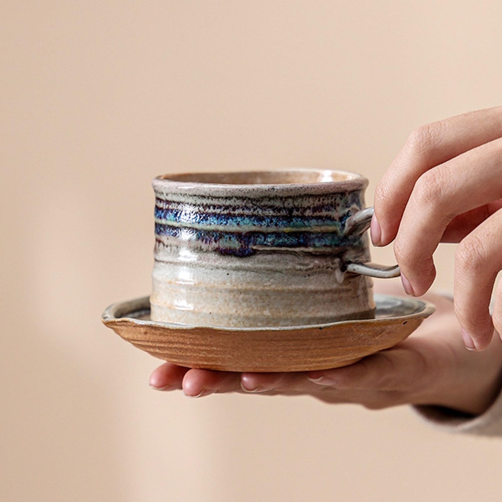 Tazas de café expreso de cerámica de 165ml con Mango de Madera, Tazas esmaltadas Retro Hechas a Mano con platillo, Ideales para té y café en casa y Oficina