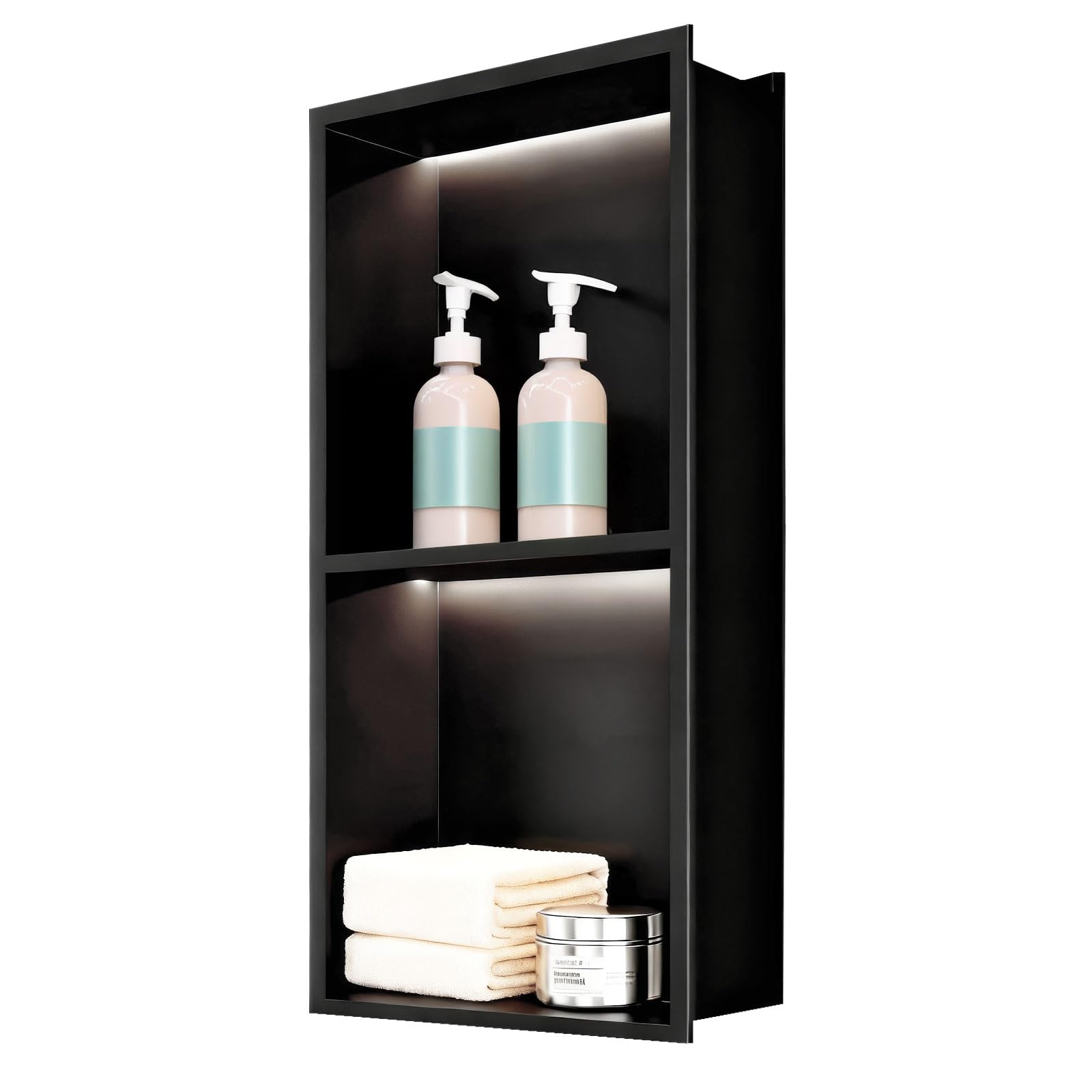 sunrik Shower Niche with LED, Stainless Steel Shower Niche for Bathroom Lighting, Dual Waterproof Light Supports for Storage, Matte Black, 60×30cm, No Tiles Required