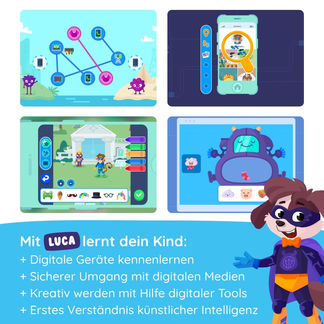 Edurino Figur Luca Digitale Medien Nutzen & Verstehen ab 4 Jahren inkl. App | Innovatives & digitales Lernspiel | Sicherer Umgang mit digitalen Medien | Digitale Geräte kennenlernen