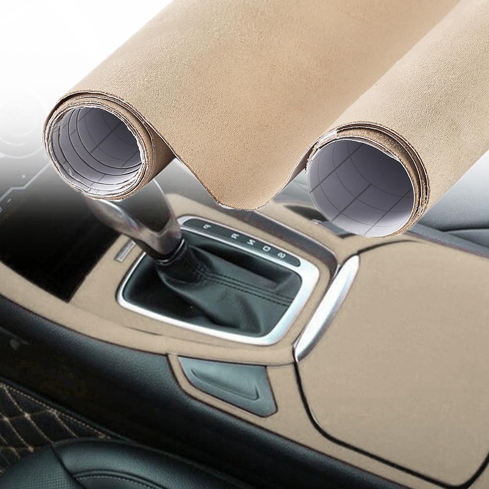 Blueshyhall Film pour voiture, tissu microfibre aspect daim film pour voiture, film tissu microfibre autocollant avec canaux d'air, film pour voiture intérieur tissu daim velours (beige, 75 x 152 cm)