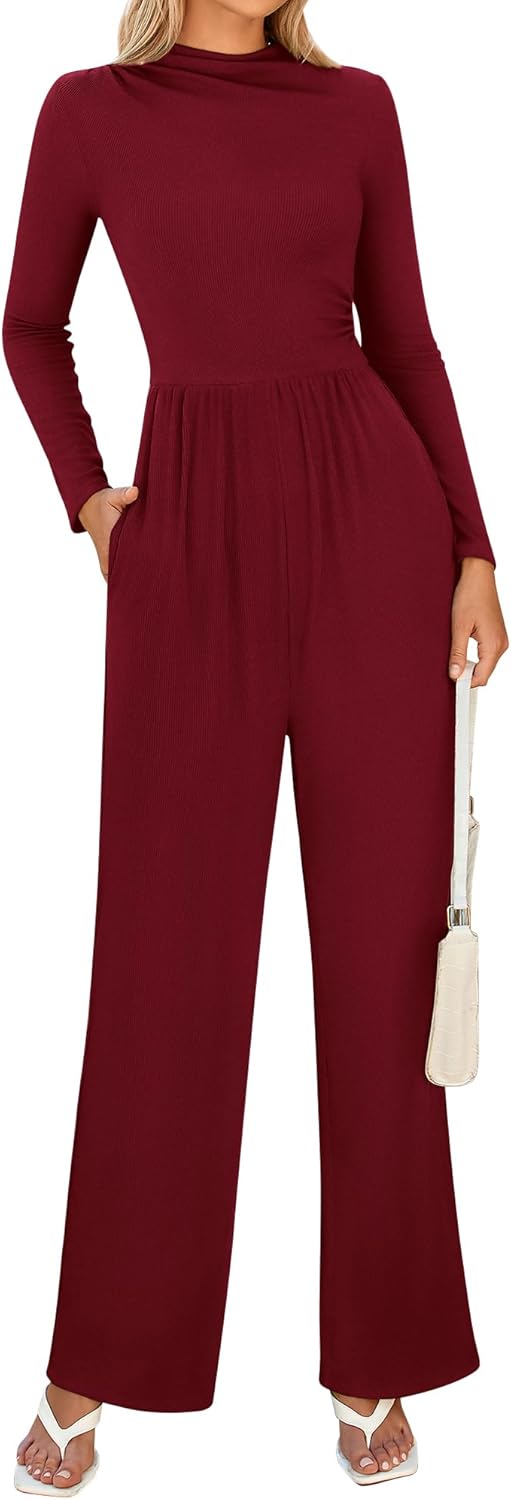 BTFBM Jumpsuits For Women Dressy Long Sleeve Wide Pants Rompers Mock Neck Ruched 2025 Casual Spring One Piece Jumpsuit