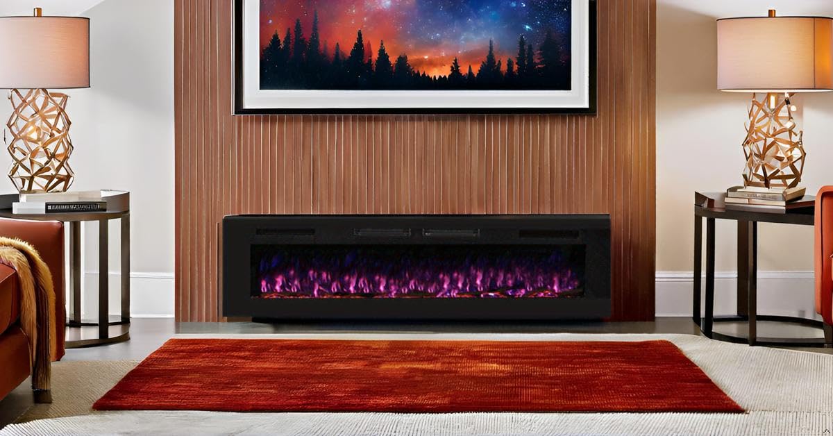 Crystal 72 - Camino elettrico da parete | 183 cm | 3 colori di legni e fiamme | Termostato 750/1500 W | Riscaldamento confortevole| Schermo tattile | Telecomando | Timer