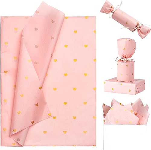 LeZakaa 20 hojas de papel de seda para el día de San Valentín, rosa con patrón de corazón dorado, papel de seda de regalo para bodas, aniversarios,
