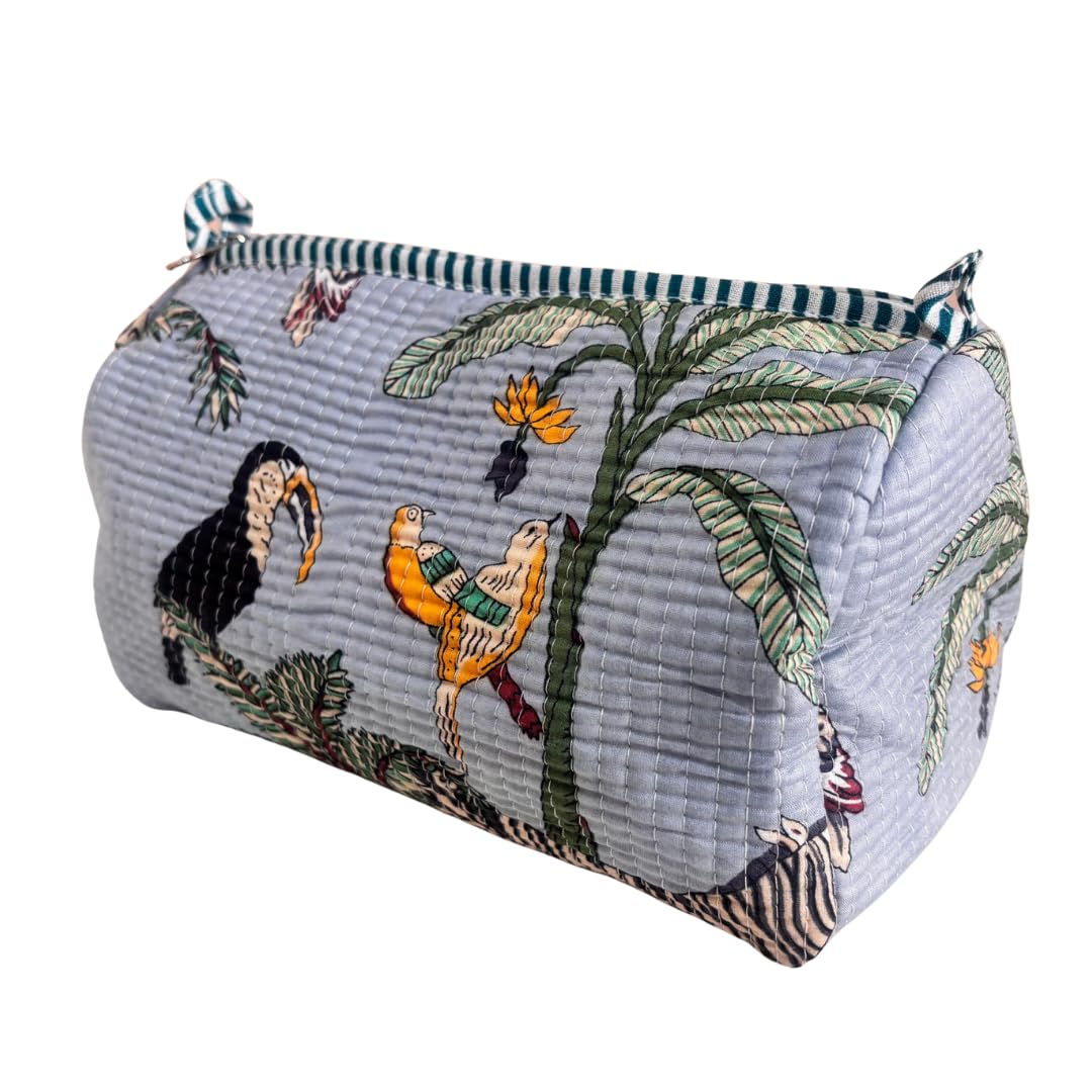 Quilted Cotton Travel Organizer Bag Set of 3 β Waterproof Toiletry Pouch, Cosmetic Makeup Bag & Multipurpose Travel Pouches for Women & Men, Handcrafted Block Print (Sunny Yellow) 3