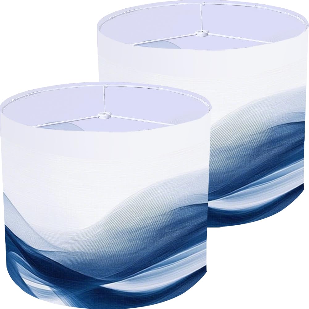 PRESSINART 2Pcs Pattern Drum Lampshades Wave Lamp Shade Blue Abstract Printed Fabric Linen Round Decorative Light Covers for Floor Table Lamps Living Room Bedroom Home Lighting Decor 13 x 10 Inch
