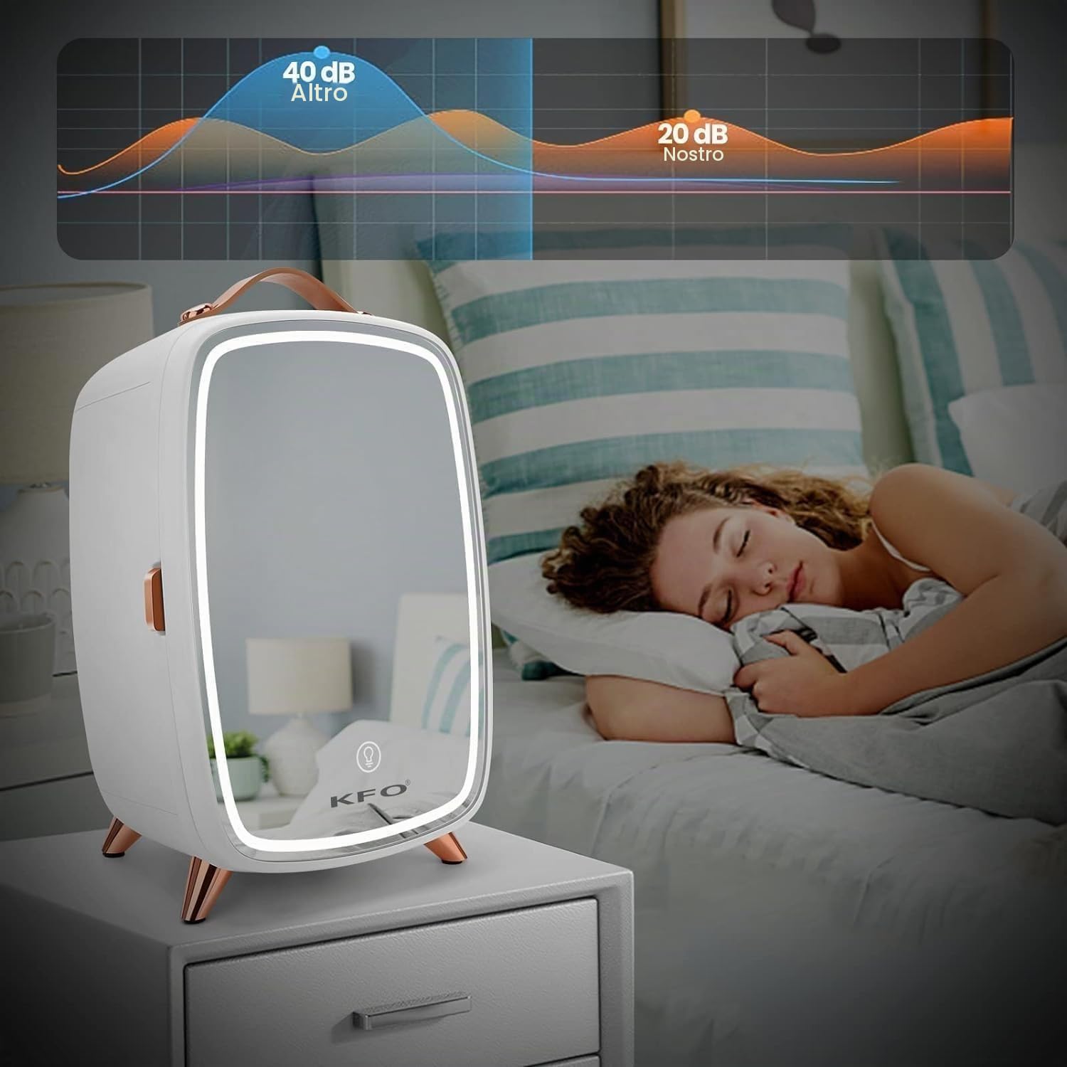 KFO Frigorifero portatile a specchio di bellezza con illuminazione a LED, Mini frigorifero portatile da 6 litri per trucco, 6 litri / 8 lattine 3 LED Mirror Light Mode