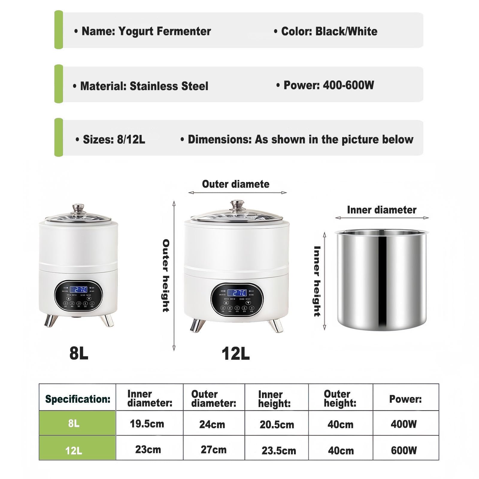 Yogurt Maker Con Display LCD 8L/12L – Riscaldamento 360°, Timer Digitale, Temperatura Regolabile, Design Smontabile, Potenza 400W/600W, Per Yogurt Bianco, Magro, Greco(White,12L)