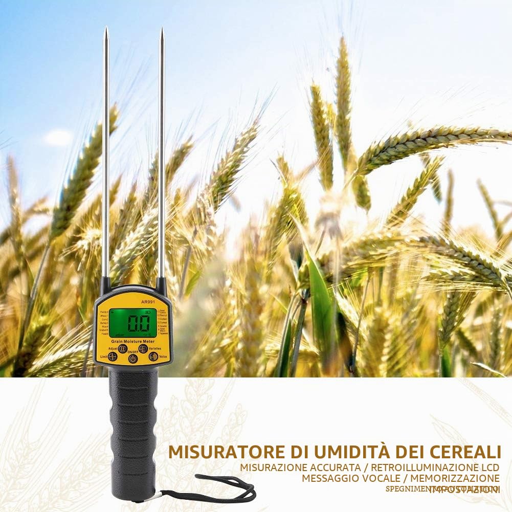 Smart Sensor AR991 Misuratore di Umidità Digitale LCD, per Cereali, Grano, Mais, Riso, Arachidi, Soia, Display Retroilluminato, 425x70x35mm, Sonda in Acciaio a Doppia Asta