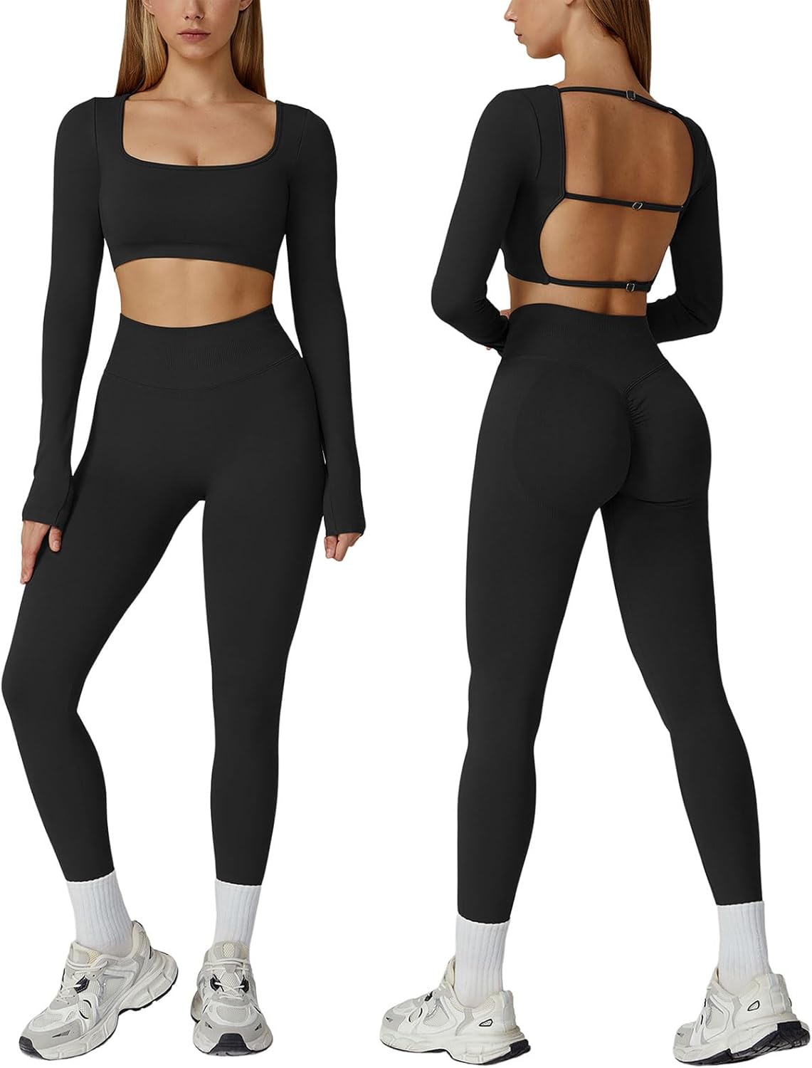 ABOCIW Workout Sets for Women 2 Piece Seamless Backless Long Sleeve Crop Top High Waisted Leggings Gym Sets