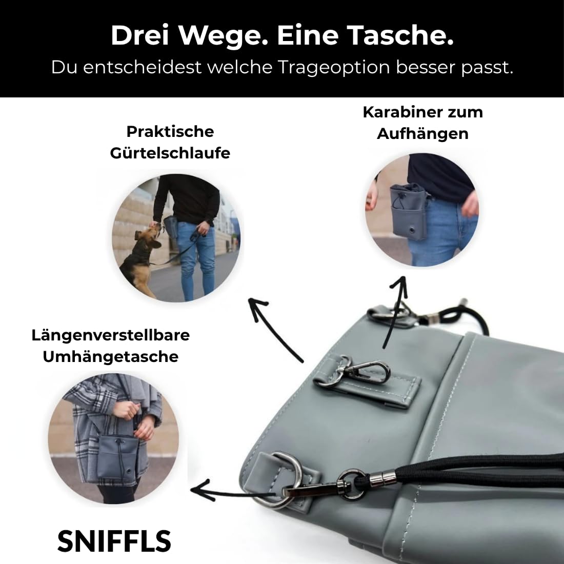 Leckerlibeutel für Hunde - Futterbeutel Hundetraining, Grau | Einhand-Kordelzug, Bruchsicherer Metall-Clip, Wasserabweisend, Mit Handy- und Kotbeutelfach, Recyceltes Material