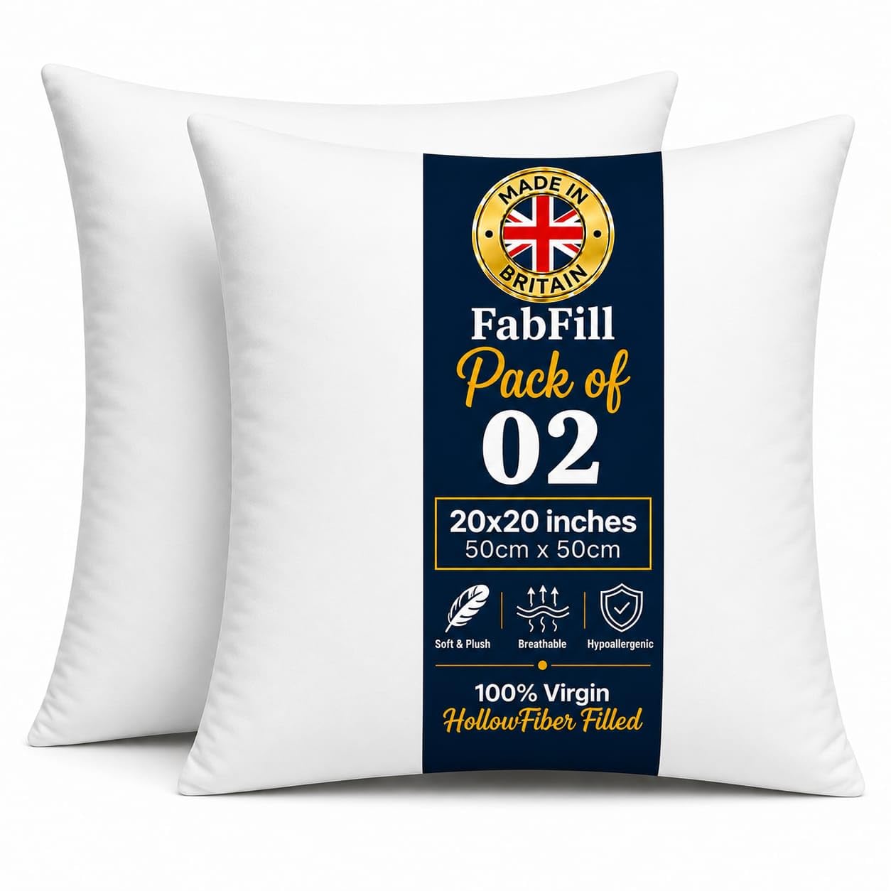 FabFill Cushion Inserts, Luxury Hollow Fibre Cushion Pads, Soft Fluffy Square Pillow Fillings for Sofa, Bedroom & Home Decoration, Made in UK (50x50cm(20x20), Set of 2)