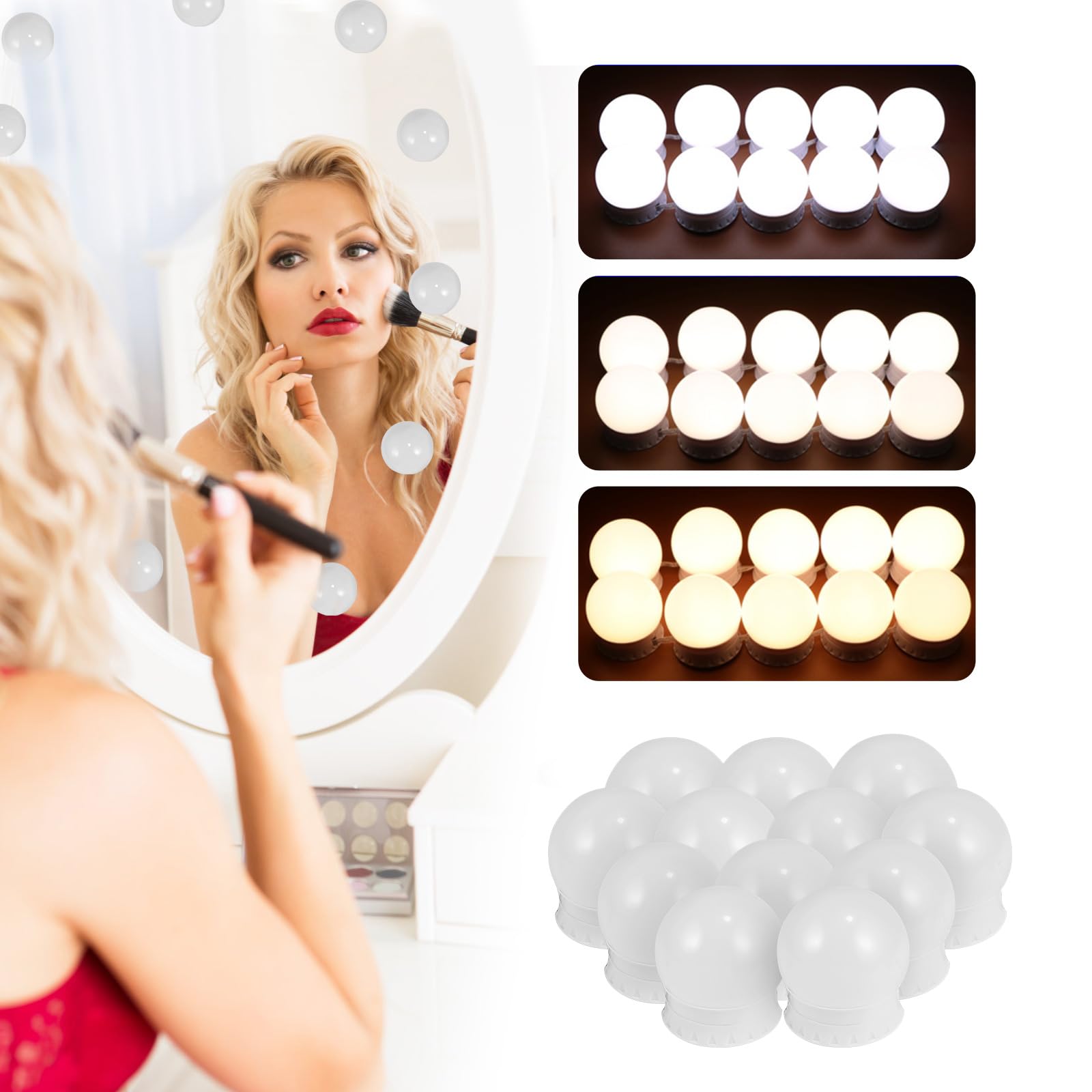 12 Bulbs Vanity Light for DIY Hollywood Mirror, Dressing Table Lights for Mirror with USB Power Cord, 3 Color 5000K Make up Light for Dressing Table Room, Bathroom, Bedroom
