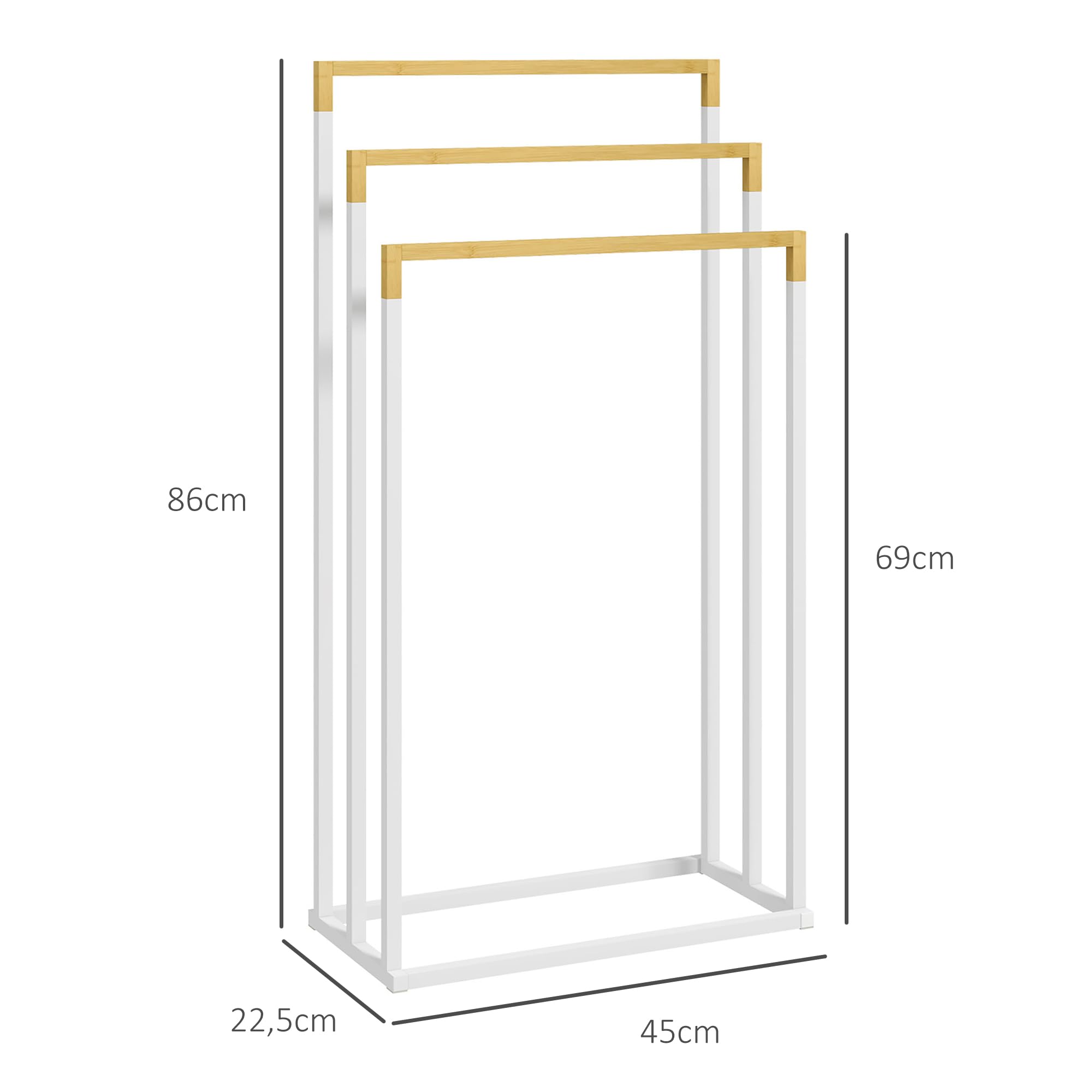 kleankin Porte-Serviettes en Bambou et Acier sur Pieds avec 3 Barres Support pour Serviette 45 x 22,5 x 86 cm - Blanc et Naturel