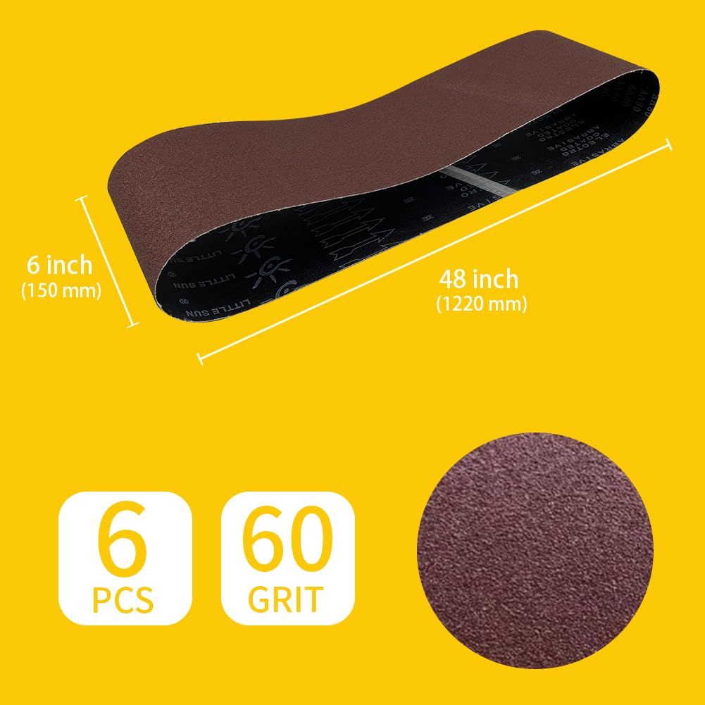 Ur-Excellent Correa de lijado de grano 60 de 6 x 48 pulgadas, correa de lijado de óxido de aluminio premium, papel de lija premium, paquete de 6