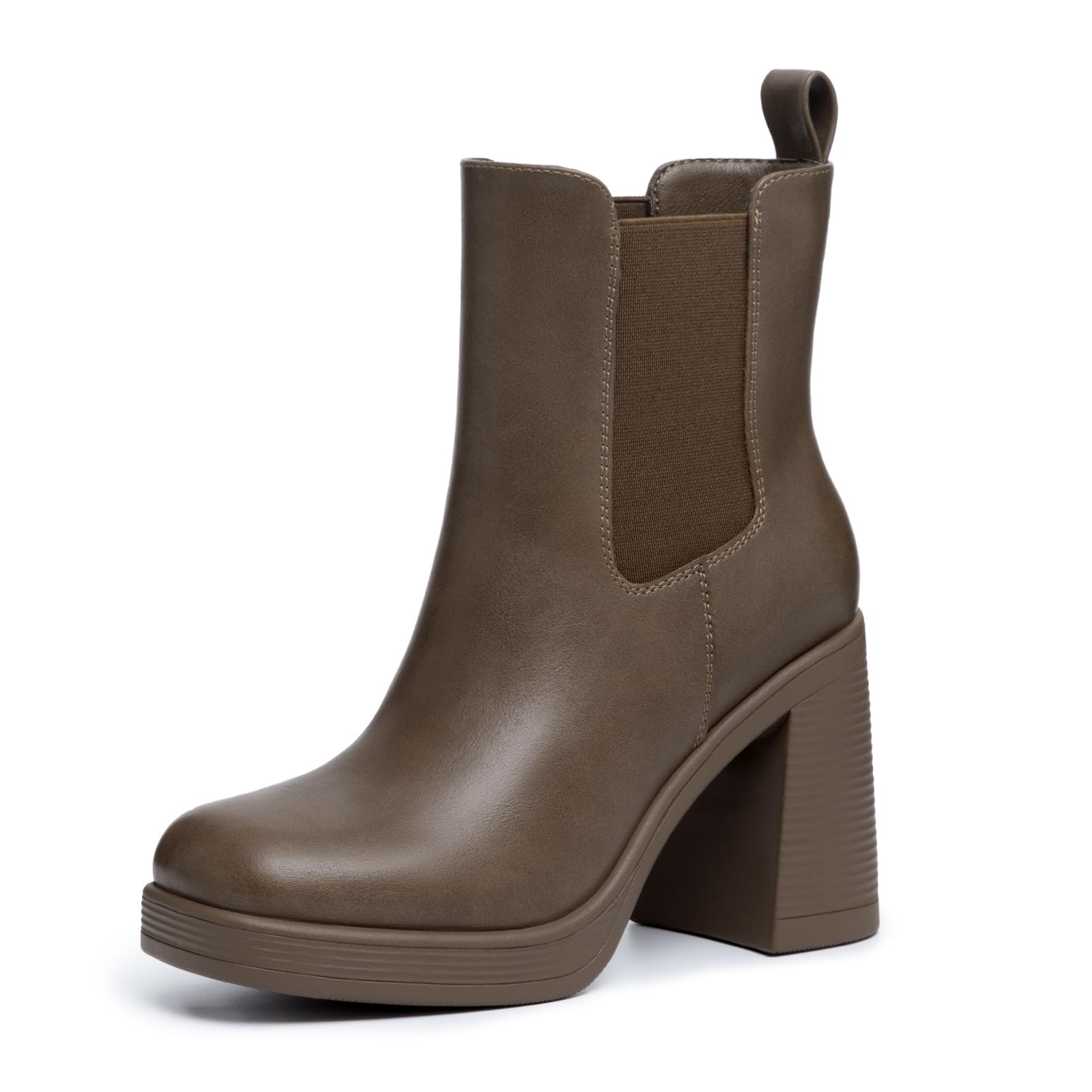 Athlefit Womens Chelsea Platform Boots High Chunky Heel Brown Ankle Boots Square Toe Slip On Elastic Heeled Booties