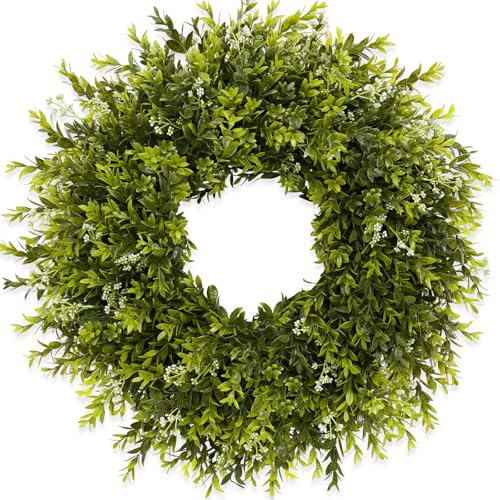 28 Large Boxwood Wreath for Front Door Porch Window Artificial Boxwood Leaves with White Seed Greenery Outdoor Indoor Wreath for Home Farmhouse Wall Decor Spring Summer Fall All Seasons (Green)