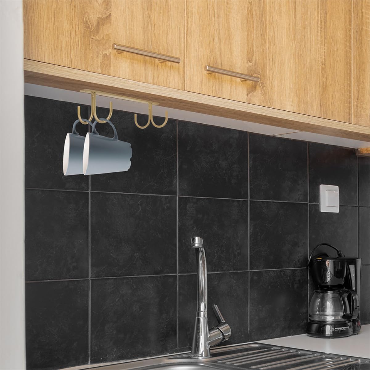 Cabinet Mug Hooks 2pcs Coffee Cup Hanger Iron Rack Gold 4-Hook Space-Saving Kitchen Mug Organizer for Home Storage