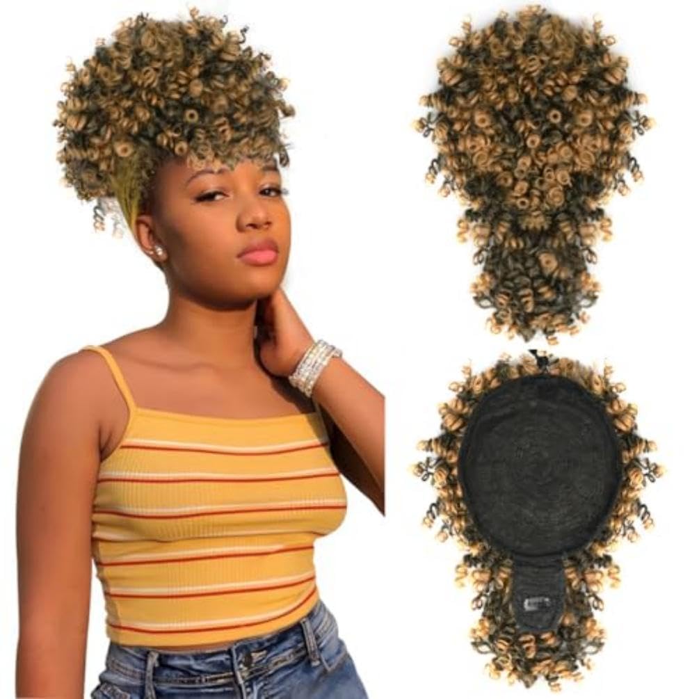 MODSIGHT Afro Puff Drawstring Ponytail with Bangs, Black to Brown Kinky Curly Ponytail Bun with Bangs Updo Hairpieces, Short Afro Puffs with Bang for Black Women (Black to Brown 1BT27)