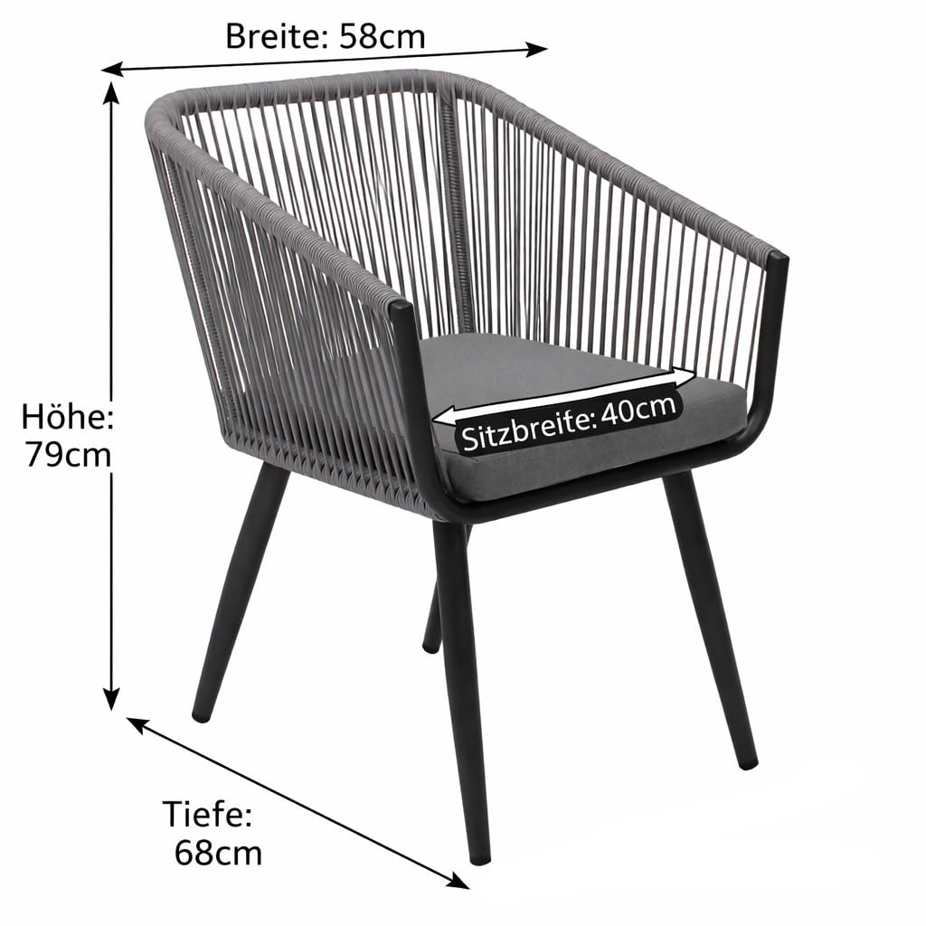 DEGAMO Gartenstuhl Riva, Aluminium wetterfest anthrazit + Rope grau, mit Kissen grau, modern, Outdoor, 2 STCK.