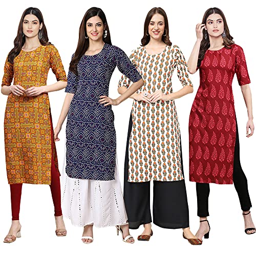 Image of Pinkmint Women's Crepe Digital Print Straight Kurta [Pack of 4] (CCV-333-375-352-337-L)