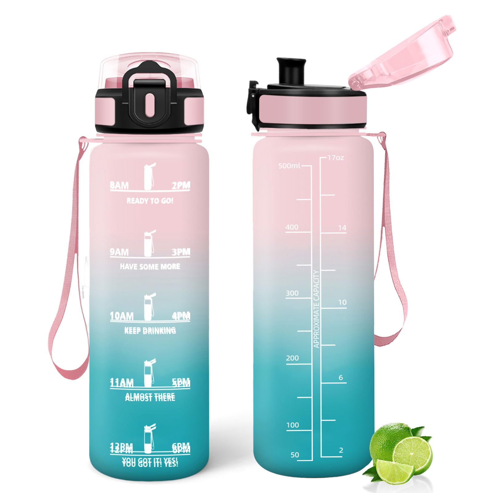 Mulbijeo Trinkflasche 500ml, Wiederverwendung, Wasserflasche BPA-Frei, Trinkflasche Kinder Auslaufsicher, Motivierende & Zeitmarkierung, Flasche für Fahrrad, Fitness, Schule, Büro, Reiten
