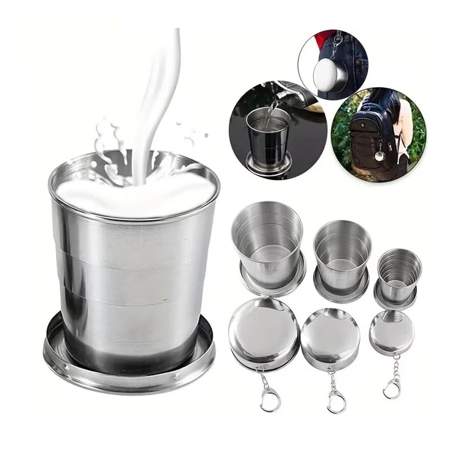 Zusammenklappbarer Edelstahlbecher Schnapsglas aus Edelstahl | Faltbarer Taschenbecher mit Schlüsselanhänger, tragbarer Trinkbecher for Reisen/Outdoor(Color 6)