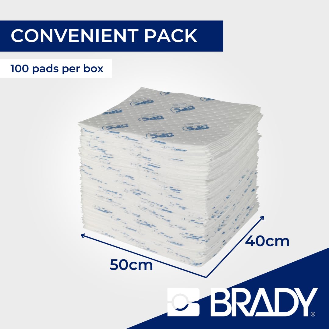 SPC® by Brady Feuilles Absorbantes pour Huiles – Lot de 100 Feuilles Blanches, Légères, 2 Couches, Technologie MAXX, Hydrophobes et Haute Absorption, 40 cm x 50 cm