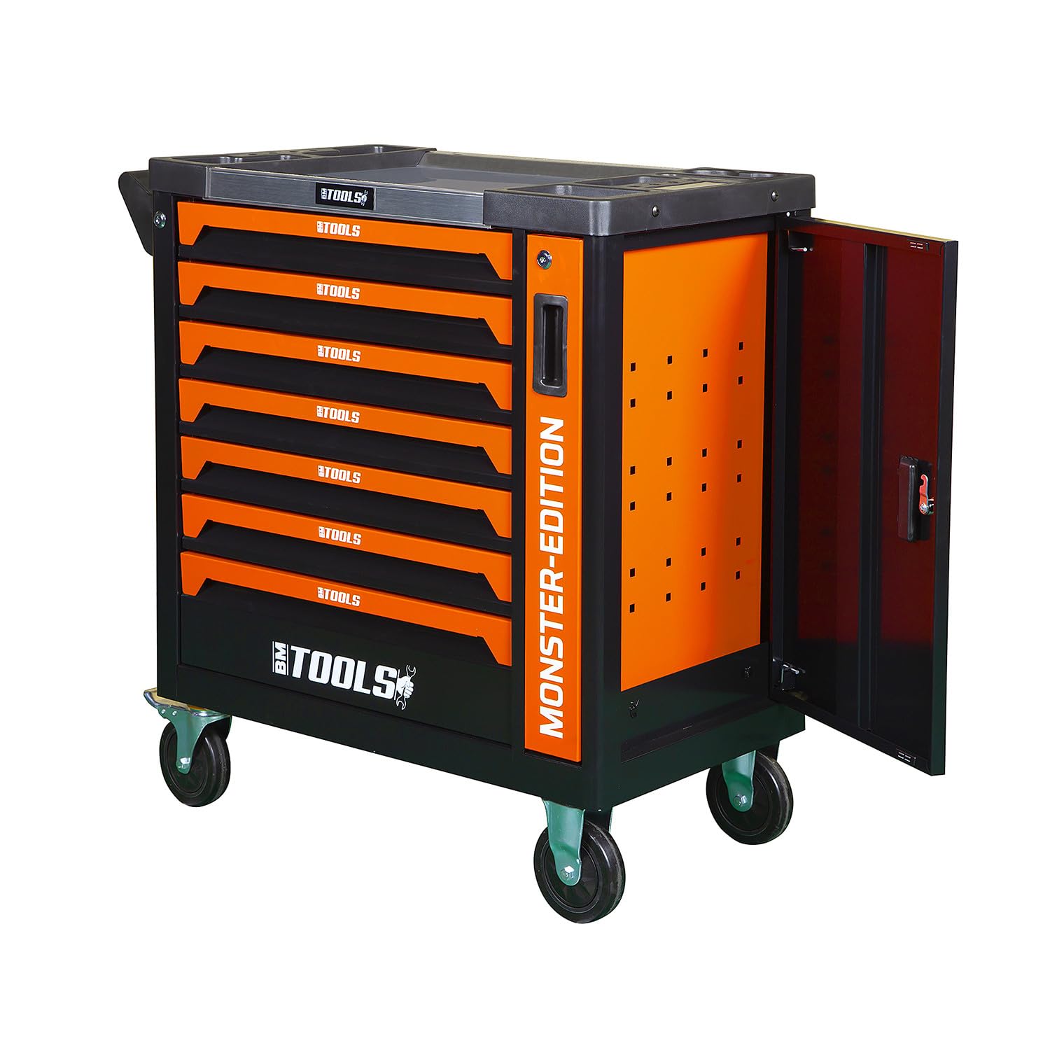 BM TOOLS Servante d'atelier Mécanique 9/7 Monster Orange 7 tiroirs Pleins, Tiroir en façade - 257 Outils - Chariot sur roulettes
