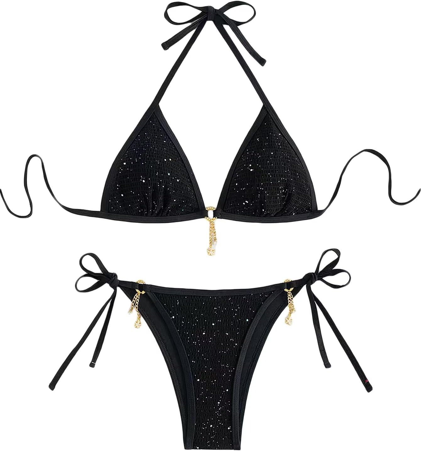 Women's Shiny Halter Bathing Suit High Waist Metal Jewelry Summer Swimsuit Bikini Set