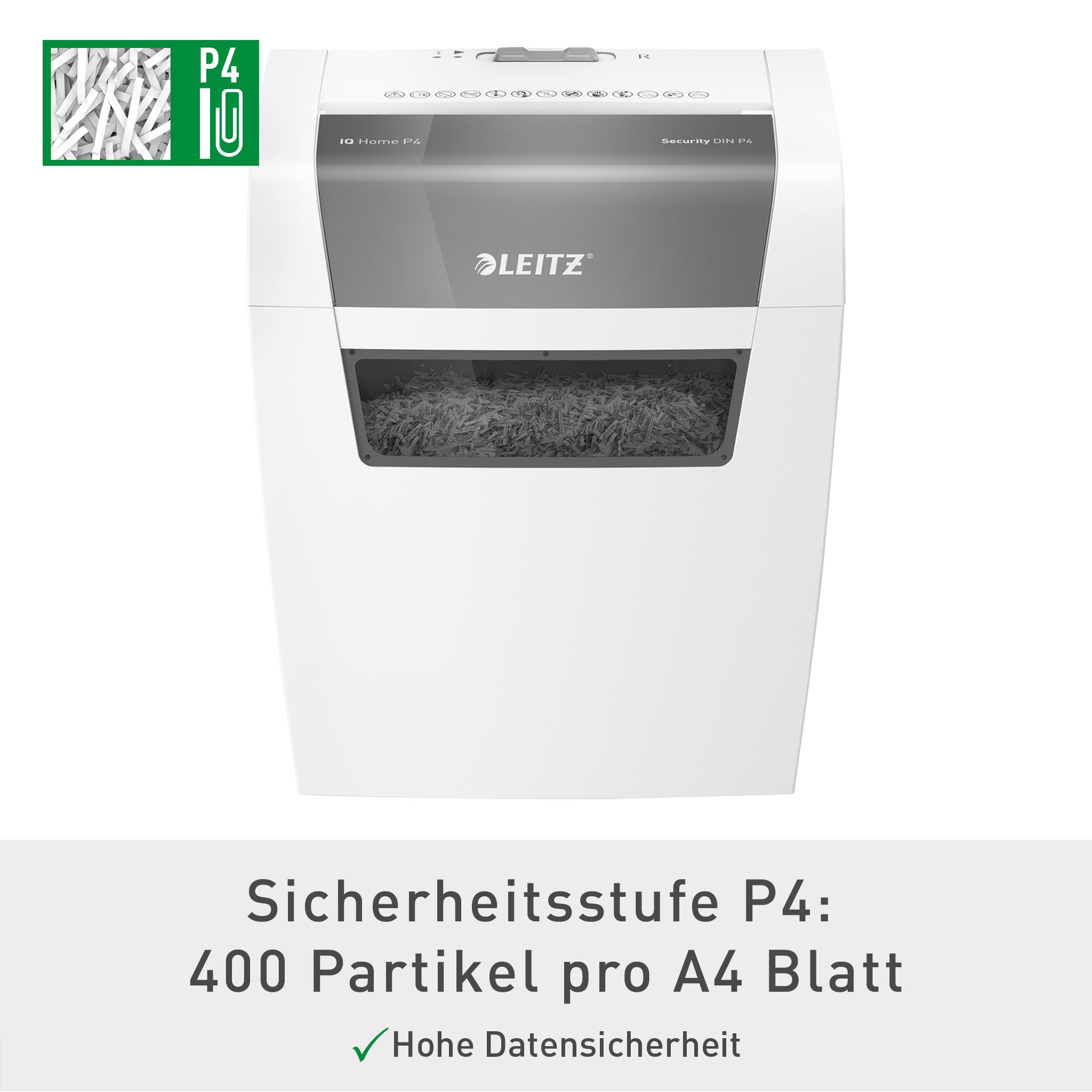 Leitz IQ Home Aktenvernichter, 7-6 Blatt (70-80 g/m²), TÜV+GS zertifiziert, Kleiner Partikelschnitt Schredder, Sicherheitsstufe P4, 15 Liter Behälter, Leise & kompakt für Home Office, Weiß, 80340000