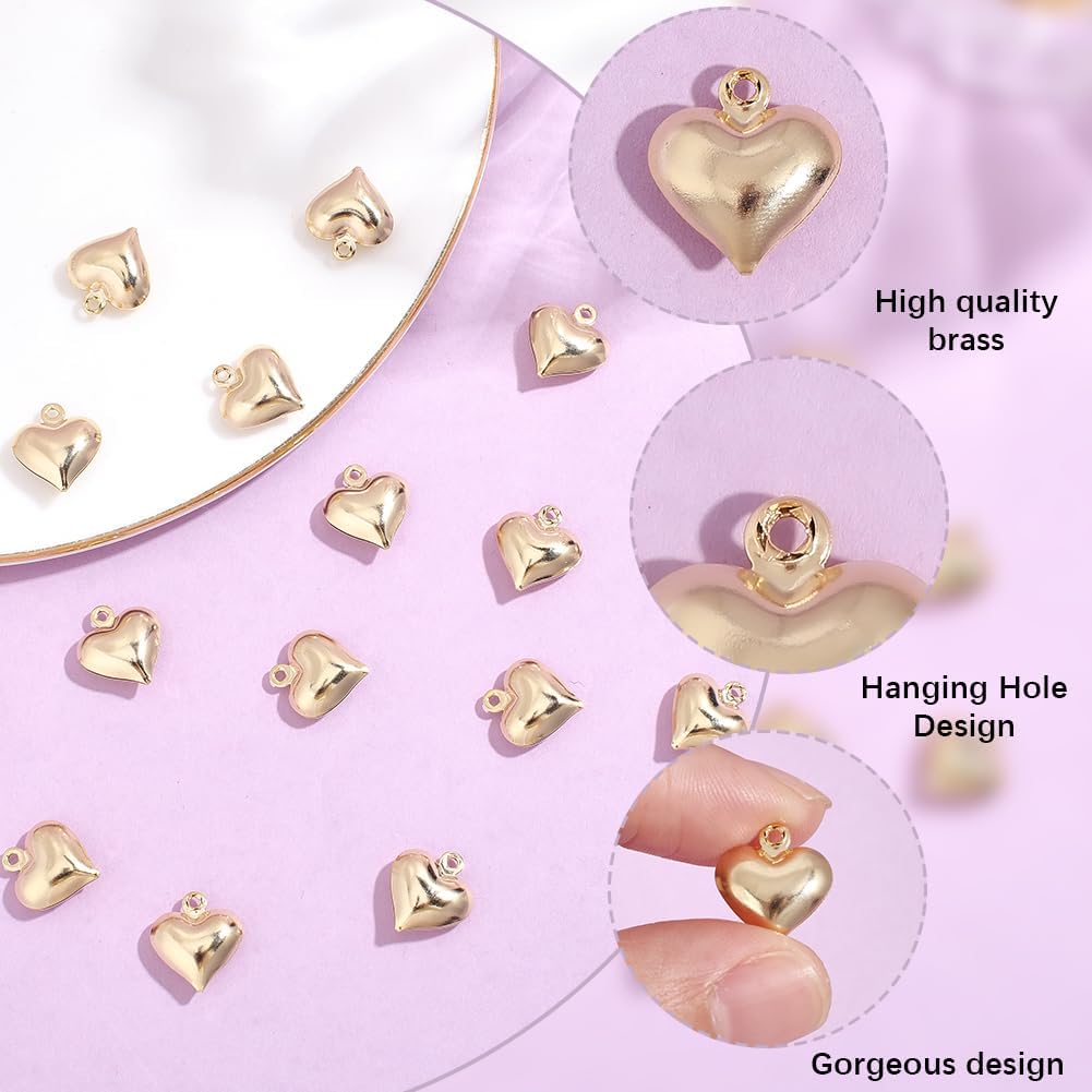 Beebeecraft 1 Box 80Pcs Puffy Gold Heart Charms 3D Valentines Charms Real 24K Gold Plated Brass Small Hearts Love Aesthetics Pendants for Necklaces Bracelets Earrings Jewelry Making DIY Crafts