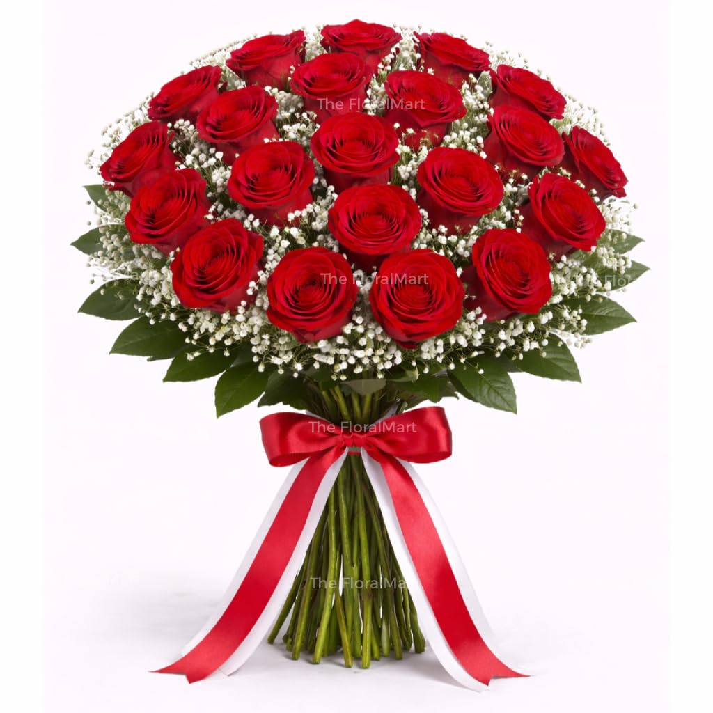The FloralMart Fresh Flower Bouquet of 25 Red Roses Hand Tied with Ribbons with Seasonal Fillers, for Birthday Gift, Anniversary Gift, Wedding Gift, Valentines Day Gift, (Same Day Delivery)-picture-20