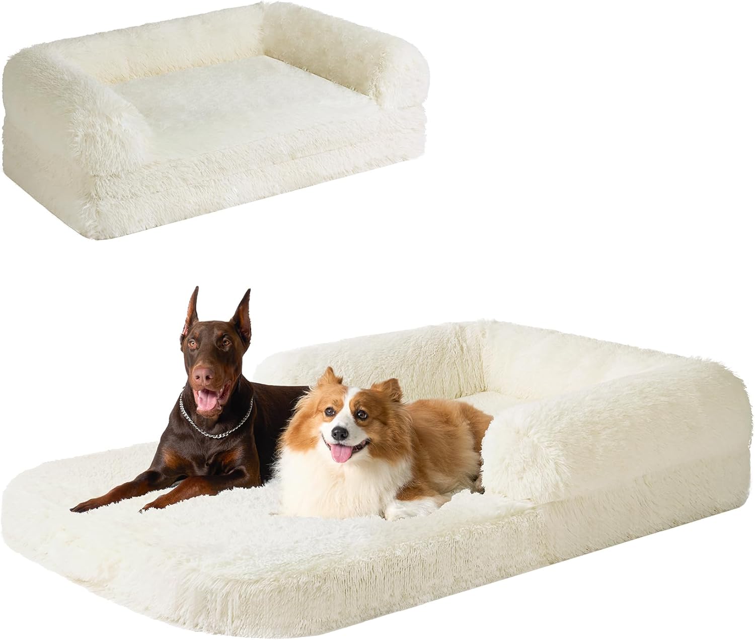 EHEYCIGA Foldable XXL Dog Bed, Faux Fur Fluffy Dog Bed for Extra Large Dogs, Orthopedic Calming Memory Foam Big Dog Couch Bed, Washable Soft Warm Dog Sofa Bed with Non-Slip Bottom, Beige, 54"x38"x8.5" 54x38x8.5(Folded 38x27) Beige