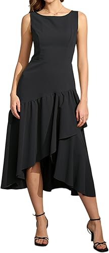 Women's 2026 Summer Boat Neck Sleeveless Ruffle Flowy Asymmetrical Hem Cotton Nylon Elegant Vocation Midi Dress