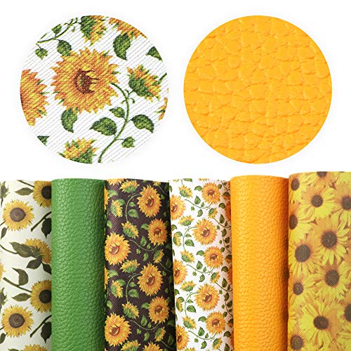 David Angie Sunflowers Printed Faux Leather Sheet Litchi PU Synthetic Leather Sheet Assorted 6 Pcs 7.9