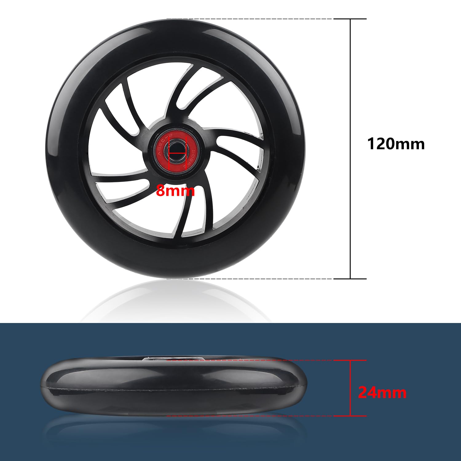 DBREAKS 2Pcs Ruota per Monopattino 120MM, Ruote 120MM per Scooter, Ruote di Ricambio per Scooter 120MM, Stunt Scooter Ruote, con Cuscinetti a Sfera ABEC-9, Unisex Adulto(Nero)