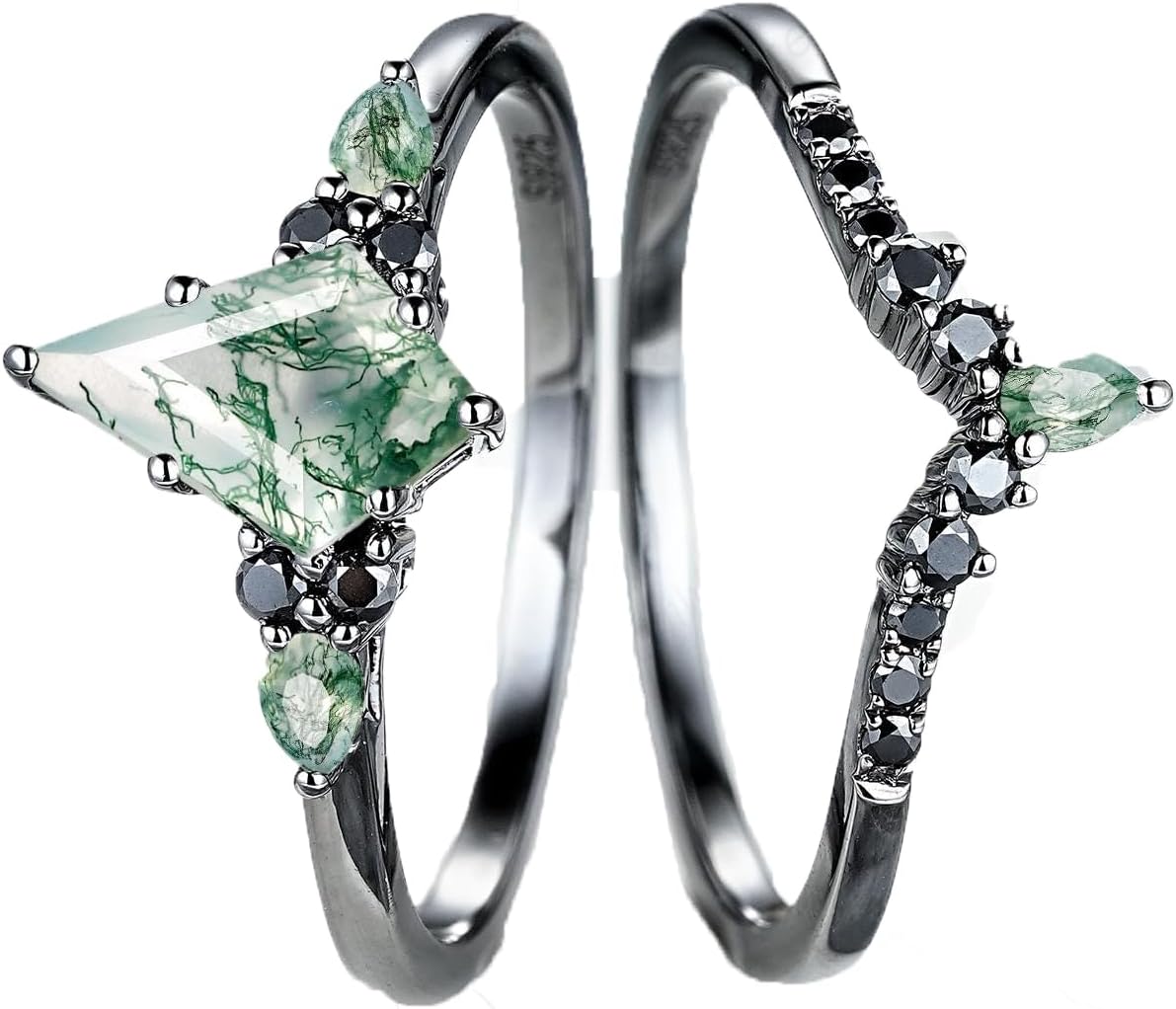 Natural Moss Agate Engagement Ring Set for Women, 925 Sterling Silver Pear/Heart/Oval Cut Moss Agate Moissanite Bridal Wedding Rings Set Inspired Leaf Bridal Rings Set for Her Free Engraved