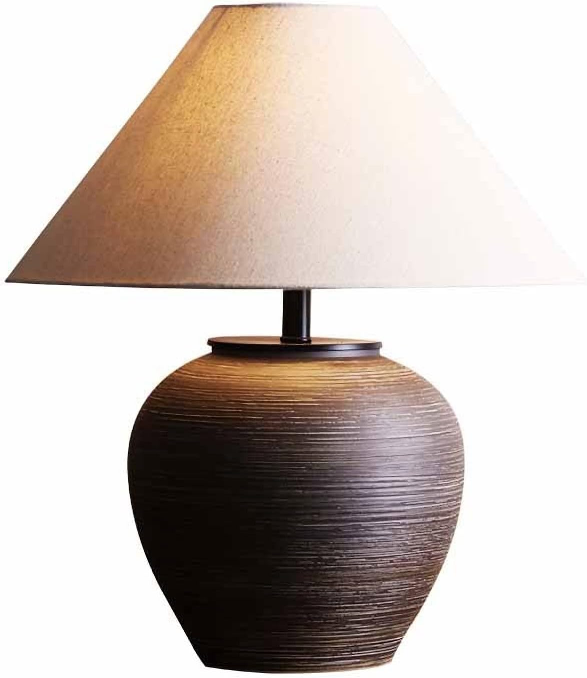 19.6'' Neutral Round Ceramic Table Lamp Rustic Retro Table Lamp Black Check Body with Off-White Fabric Shade Bedside Nightstand for Living Room Bedroom Home Office