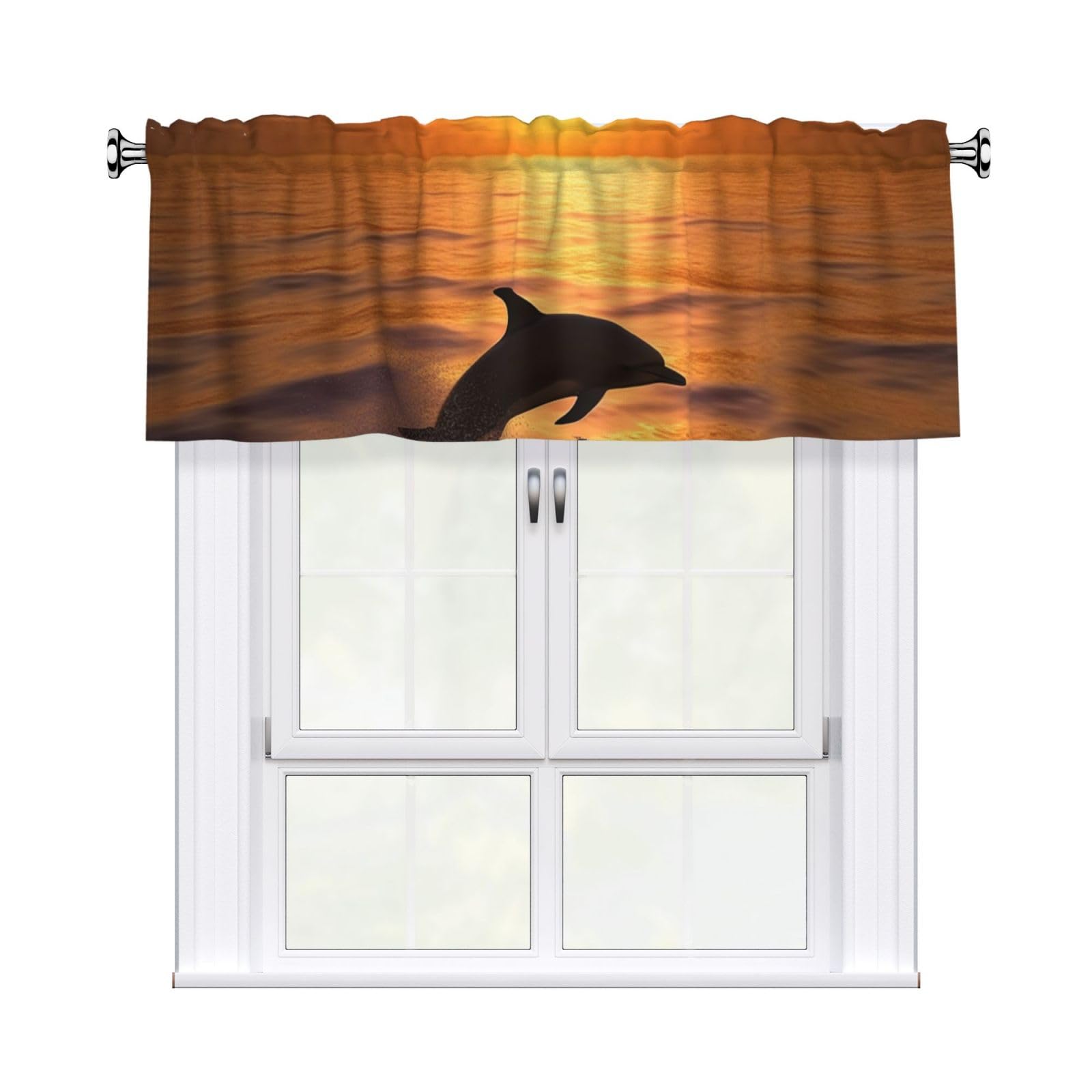 DWVTSLH Dolphin and Sunset Valances Curtains for Windows, Rod Pocket Drape Valence Blackout Short Curtains for Kitchen Bathroom Bedroom Window Treatment for Home Décor 54x18 Inch