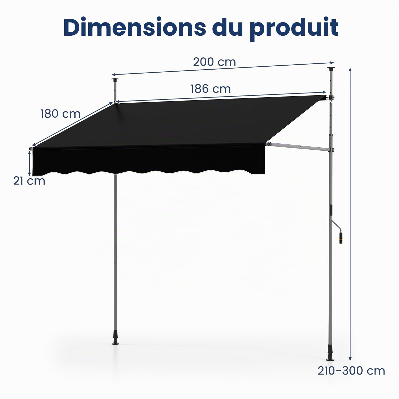 HOMASIS Store extérieur Extensible, Protection Solaire réglable en Hauteur et en Inclinaison, Store de Balcon sans perçage, Pare-Soleil à manivelle (Noir, 200 x 180 x 210-300)