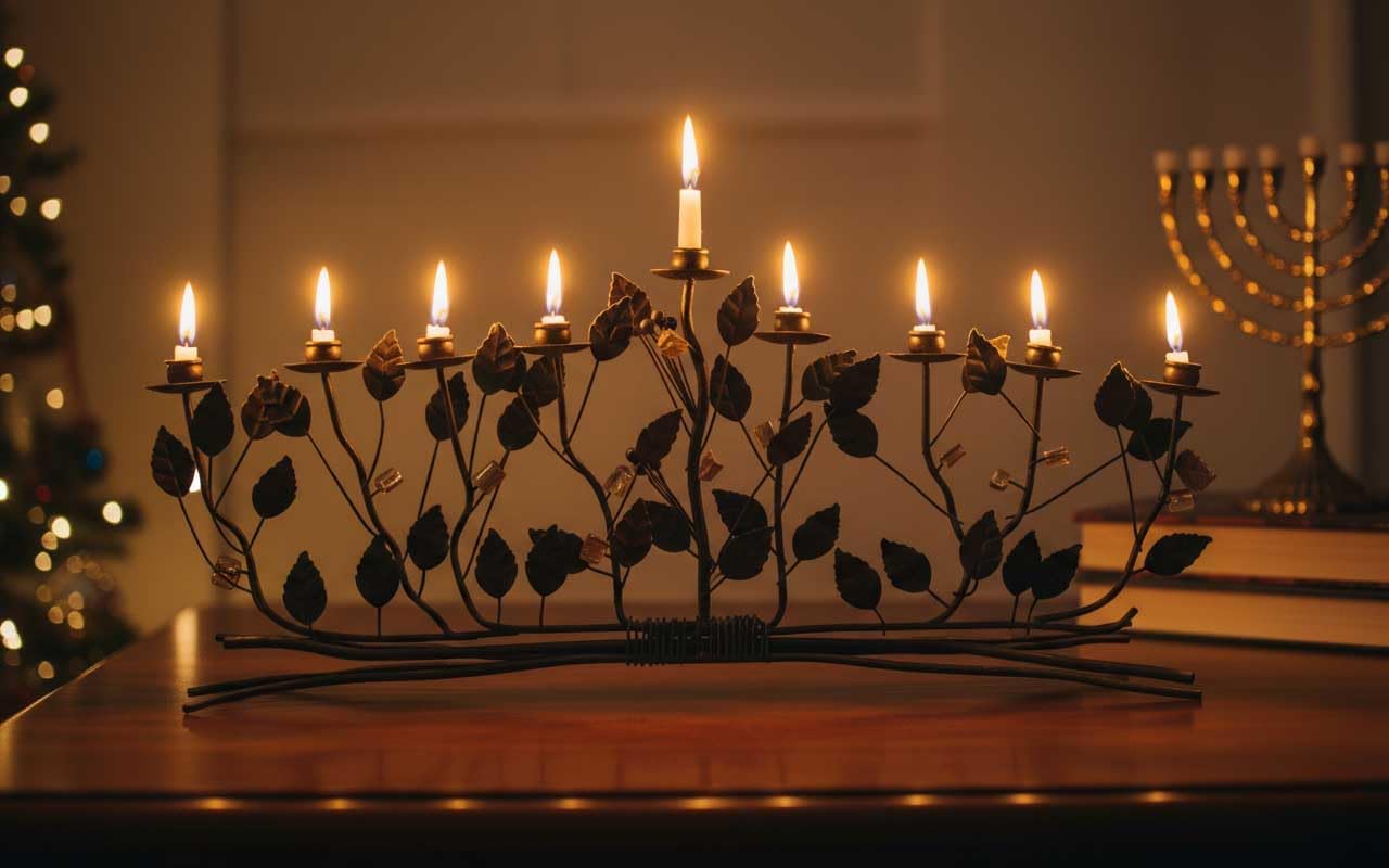 Metal Bronze Brambles Hanukkah Menorah with Flowers and Leaves - Beautiful Wire Menorah for Chanukah, Jewish Gift for Bar Mitzvah, Bat Mitzvah, or Jewish Wedding - 16.5" x 5.5" x 2"