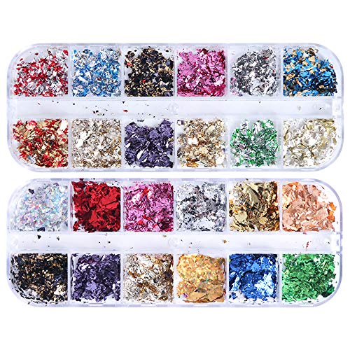 24 Boxes Foil Nail Art Holographic Aluminum Nail Foil Flakes Stickers Nail Sequins 3D Glitter Decoration DIY Design Accessories Rainbow Nail Art Supplies Gold Nail Decals