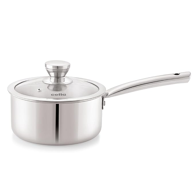 Cello Induction Base Tri-Ply Pro Sauce Pan with Glass Lid, 1.4 Litre, 16 cm | Stainless Steel Cookware | 5 Year Warranty | Induction & Gas Base | Heavy Base | Silver